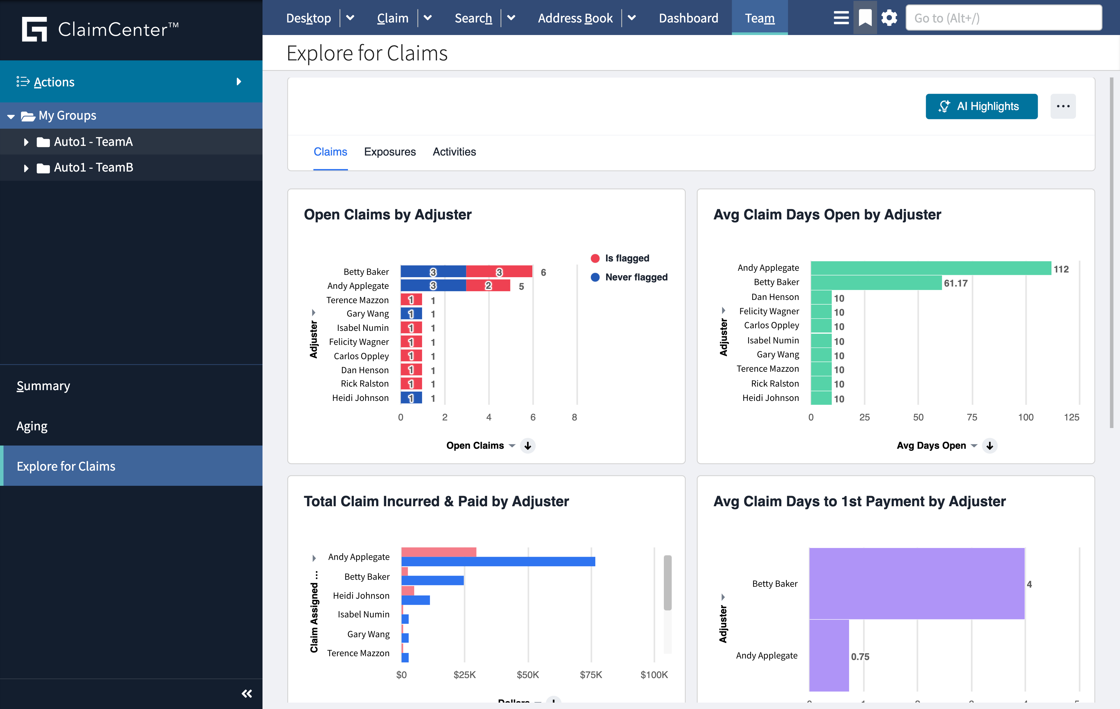 The Explore for Claims Liveboard embedded in ClaimCenter