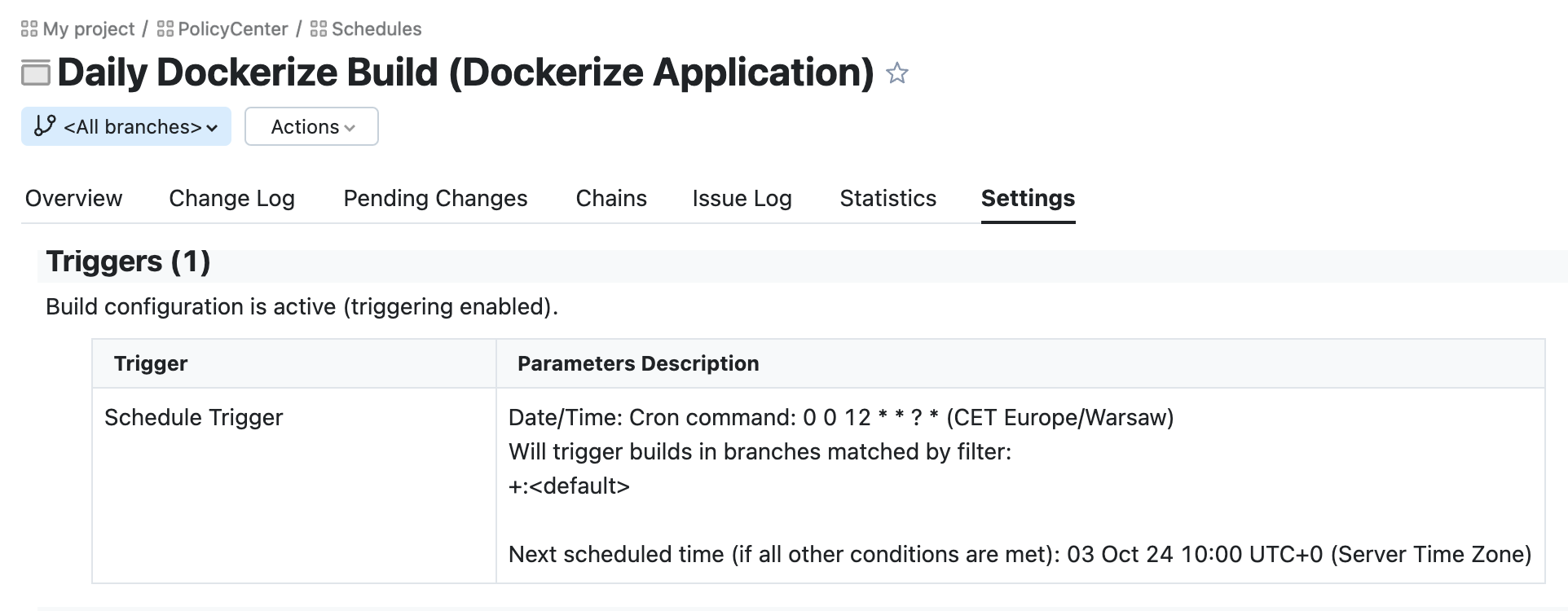 Scheduled trigger list in Teamcity.