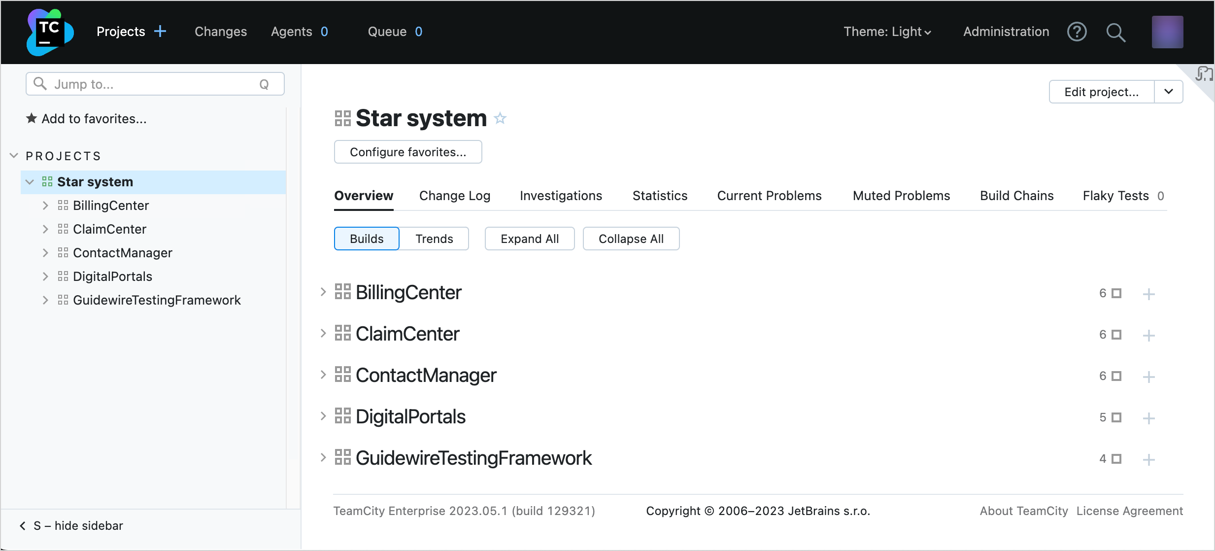 An example of the TeamCity user interface with a list of projects available for a star system.
