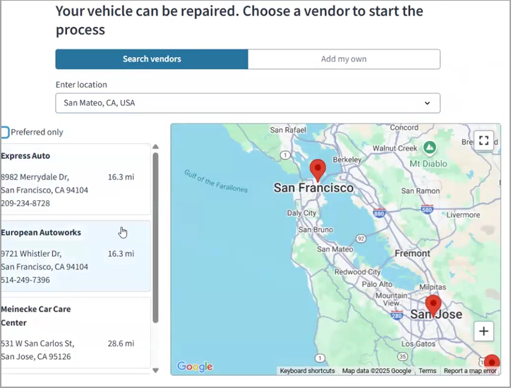 Image of a Google map view featuring the San Francisco area with three potential repair shops listed vertically to its left. At the top are buttons for Search vendors and Add my own, with a Search location text entry field immediately below the buttons.