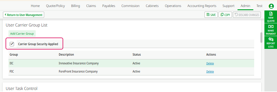 Carrier Group Security Applied check box