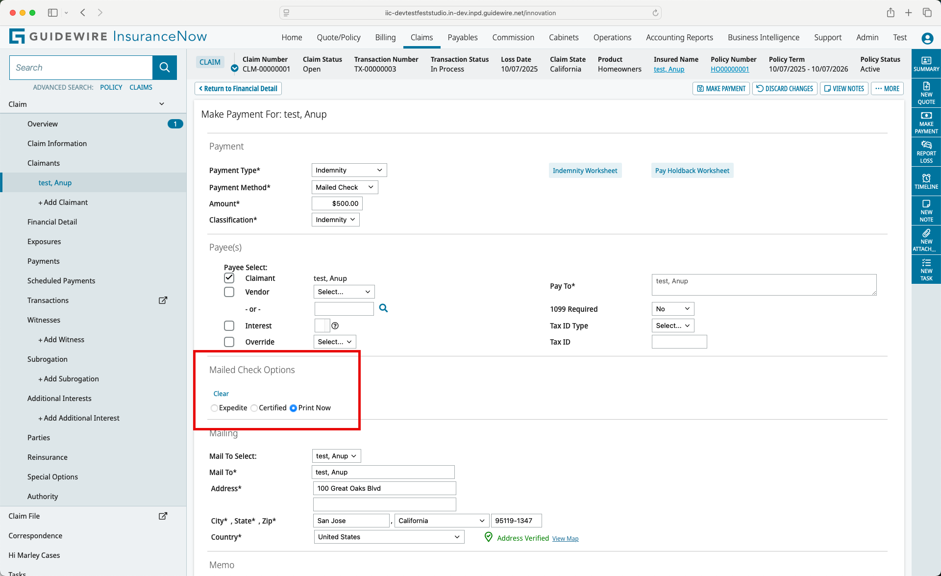 Mailed Check options