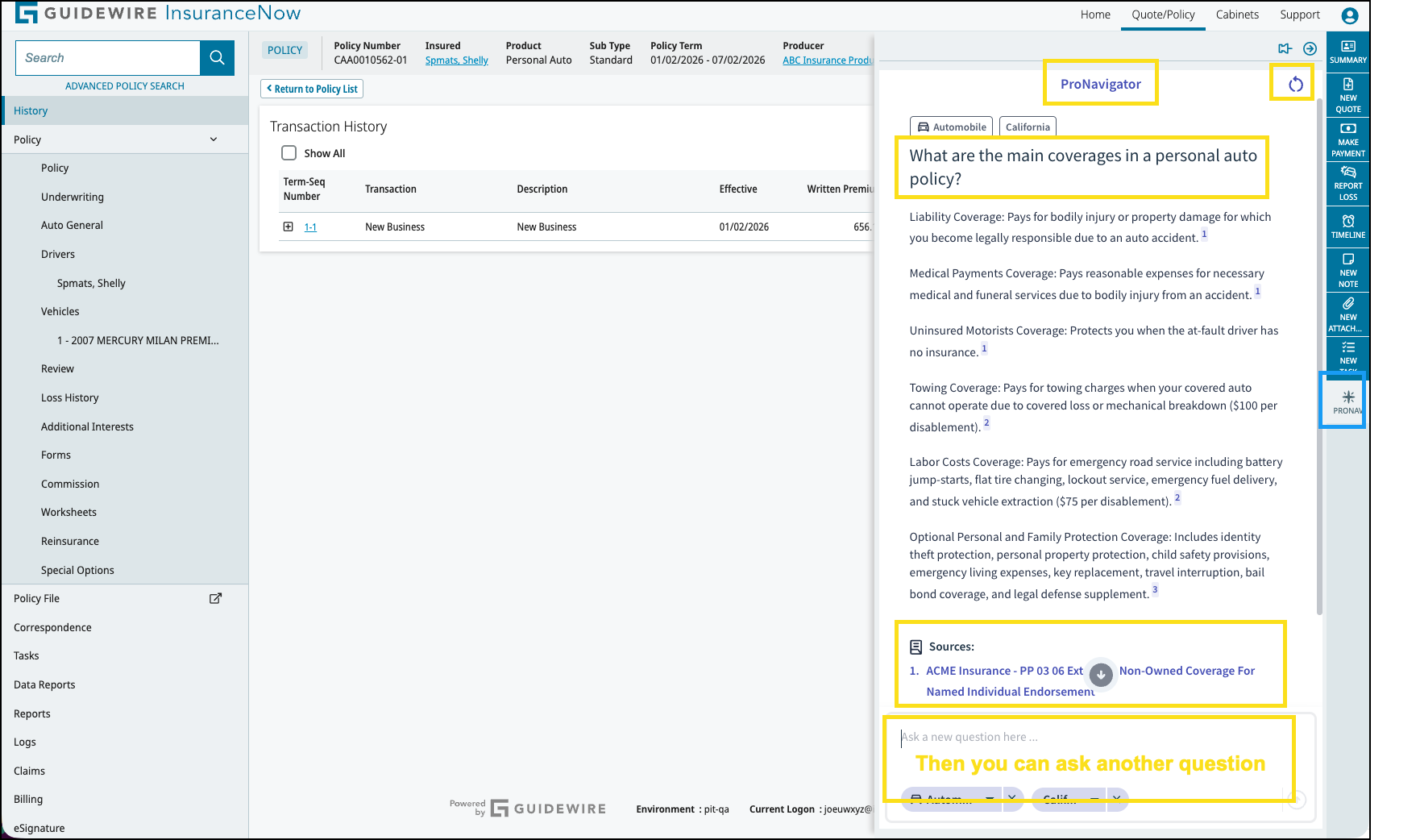 ProNavigator panel within an InsuranceNow policy.