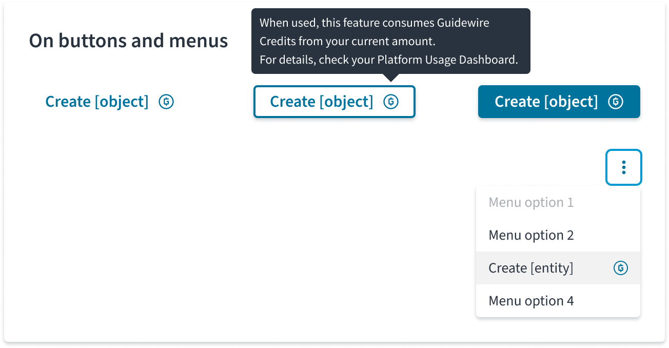 Beispiele für die Anzeige für Guidewire-Credits auf einer Schaltfläche und in einem Menüelement.