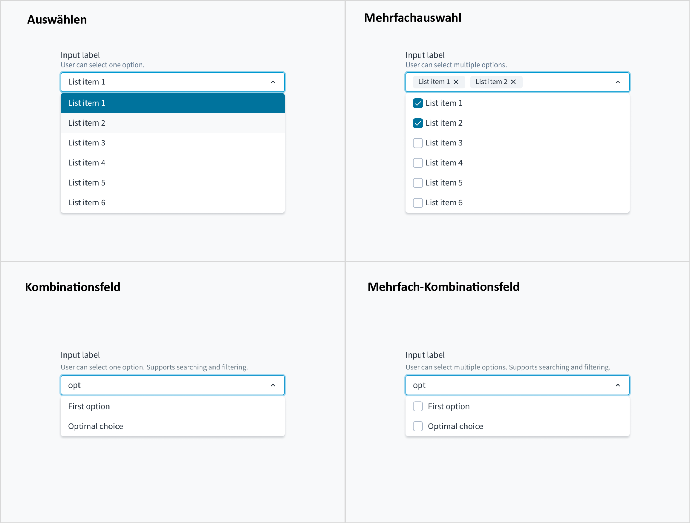Abbildung der Komponentenvarianten Auswahl, Mehrfachauswahl, Kombinationsfeld, Mehrfach-Kombinationsfeld