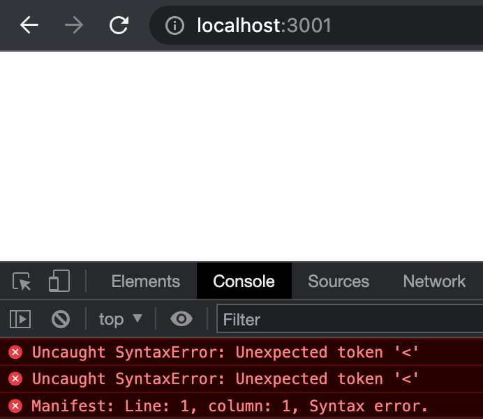 Console showing Uncaught SyntaxErrors
