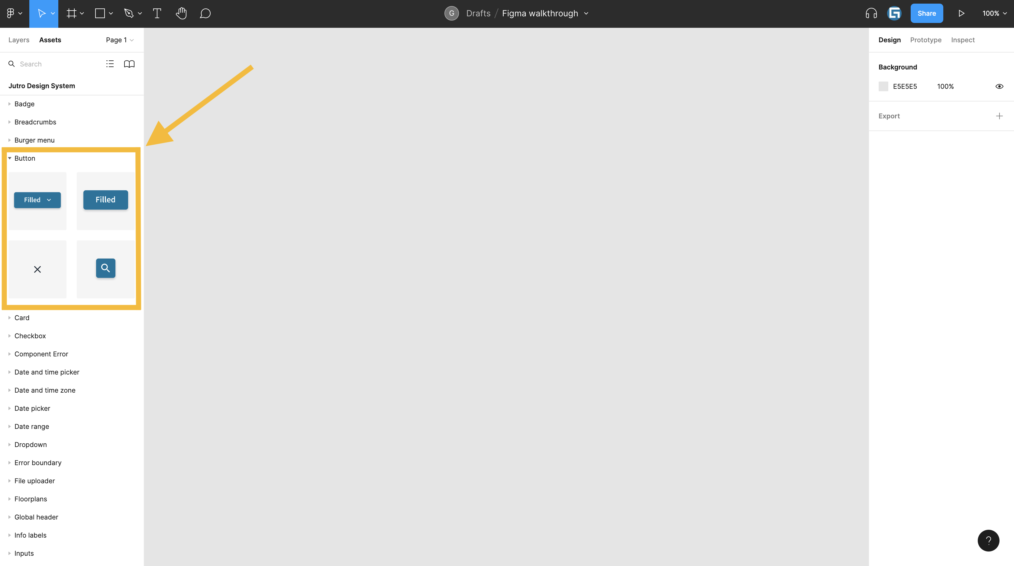 Figma-Canvas mit hervorgehobenen Button-Komponenten in der linken Seitenleiste