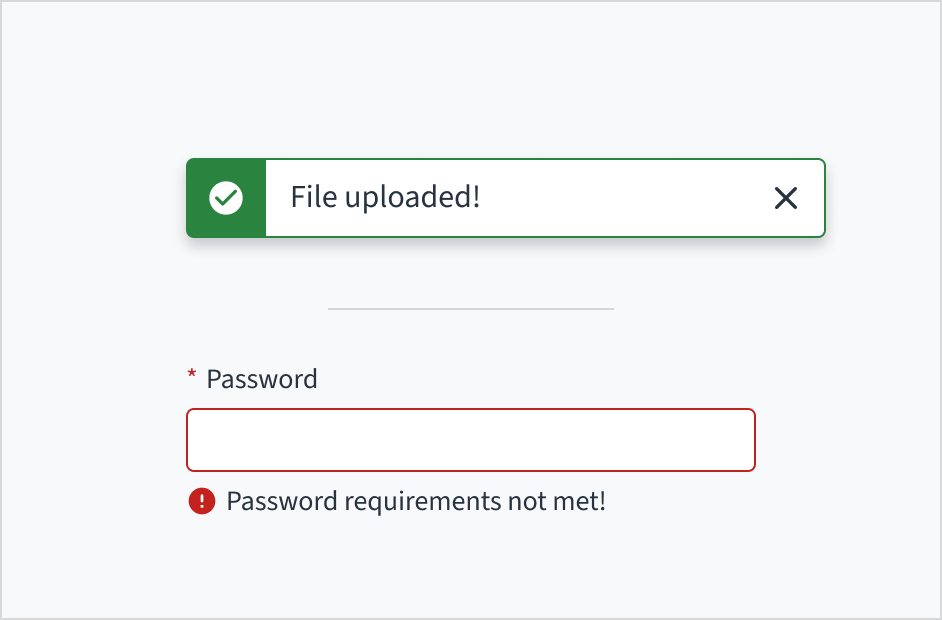 Don'ts image depicting a toast notification and error text for an input field, both with exclamation points