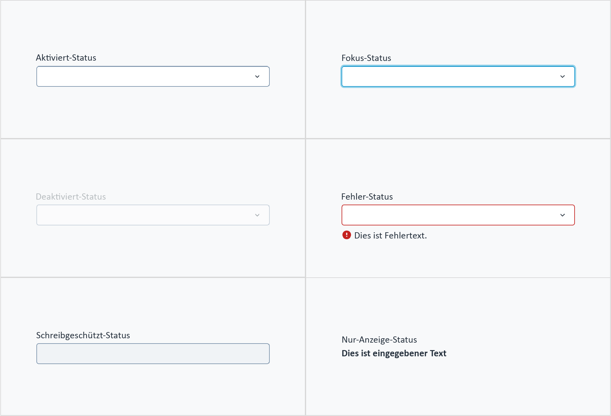 Abbildung der interaktiven Zustände eines universellen Dropdowns: Aktiviert, Fokus, Deaktiviert, Fehler, Schreibgeschützt und Nur Anzeige