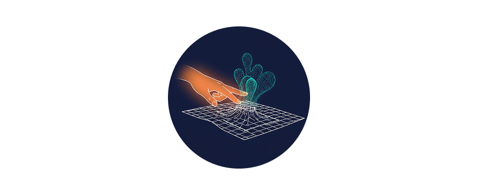 Symbol einer Hand, die ein Raster berührt und eine neue abstrakte Form erstellt. Das Symbol steht für Transformation.