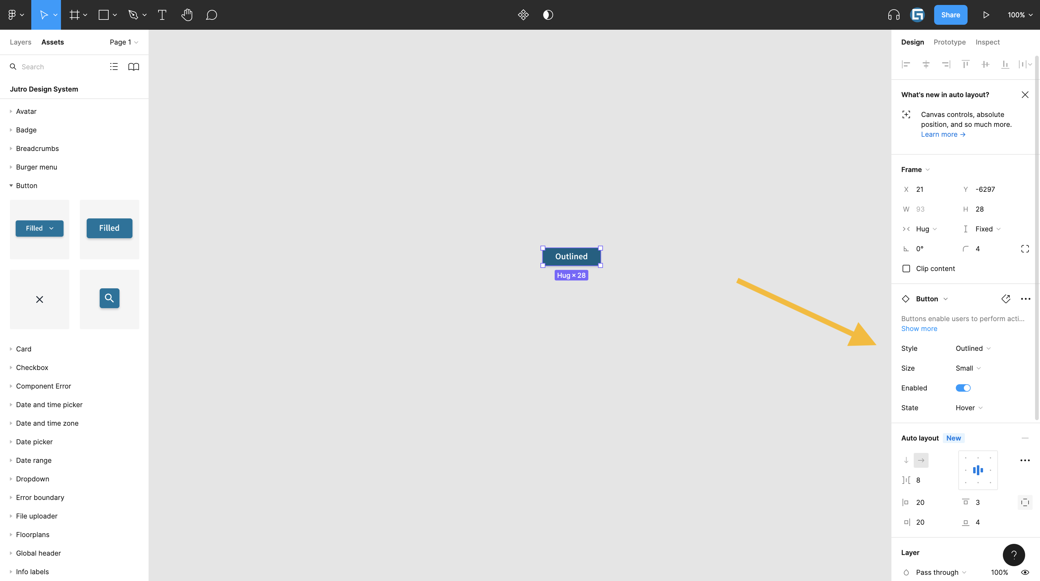Figma-Canvas mit hervorgehobenen Varianten der Button-Komponenten in der linken Seitenleiste