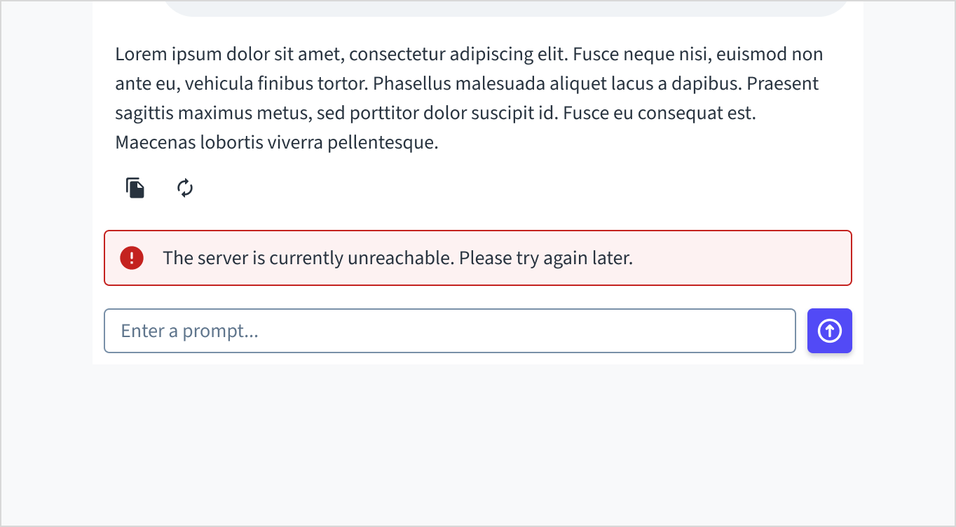Inline error notification within the chat interface stating "The server is currently unreachable."