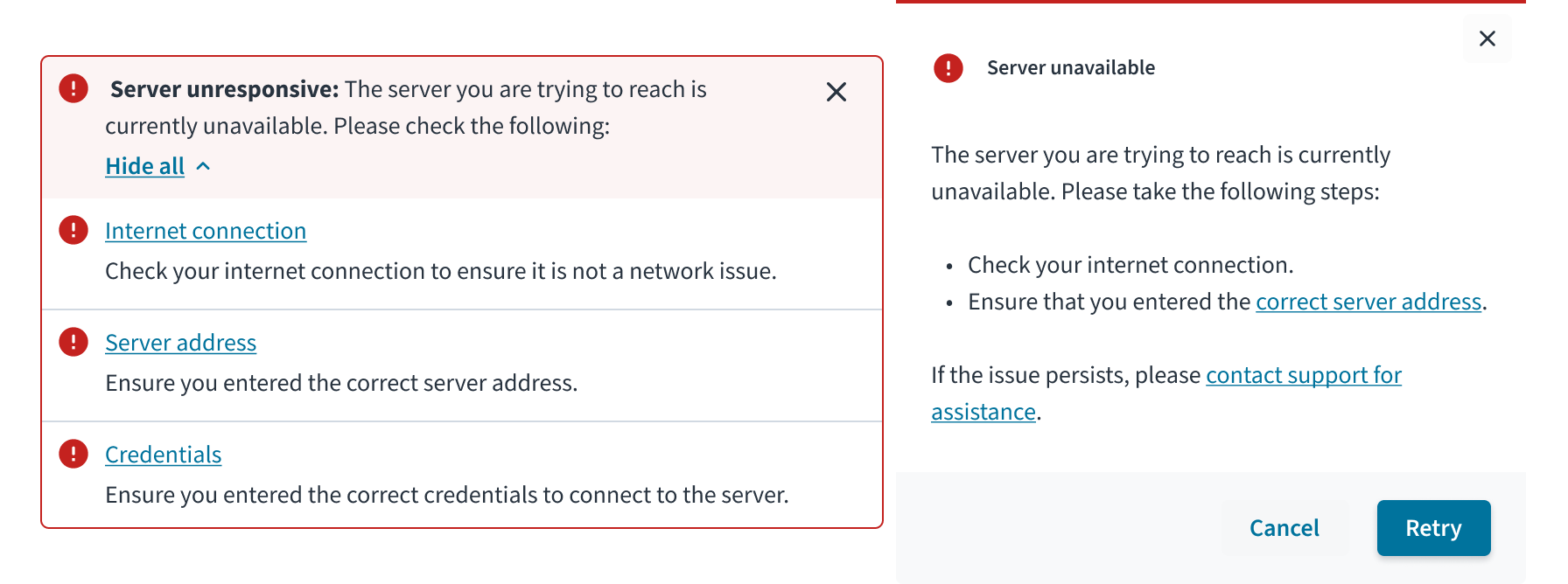 Ejemplo de un error al nivel de la página y una notificación de ventana emergente para problemas con los ajustes y la configuración del cliente