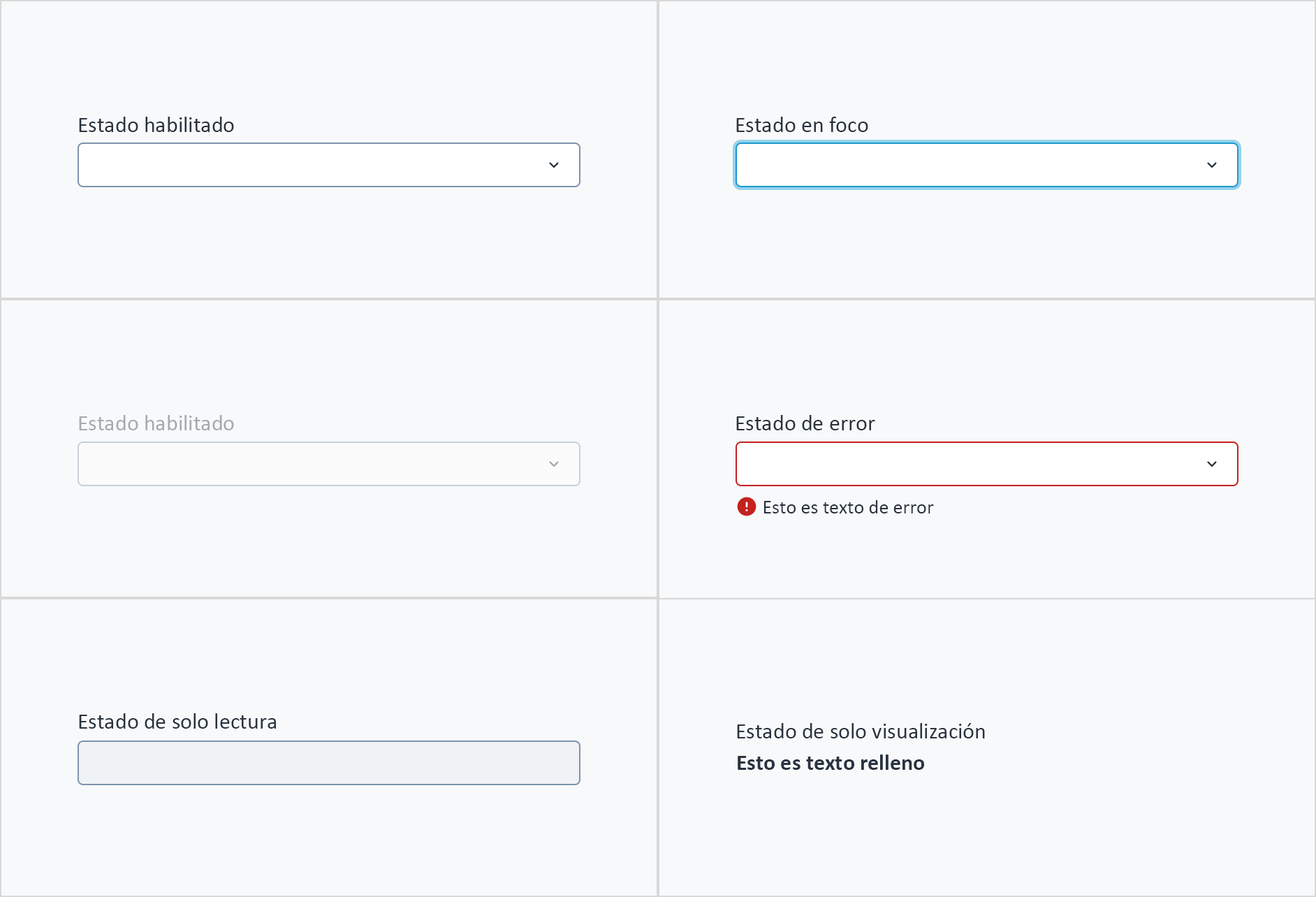 Imagen que ilustra estados interactivos del cuadro combinado: habilitado, en foco, deshabilitado, error, solo lectura y solo visualización.