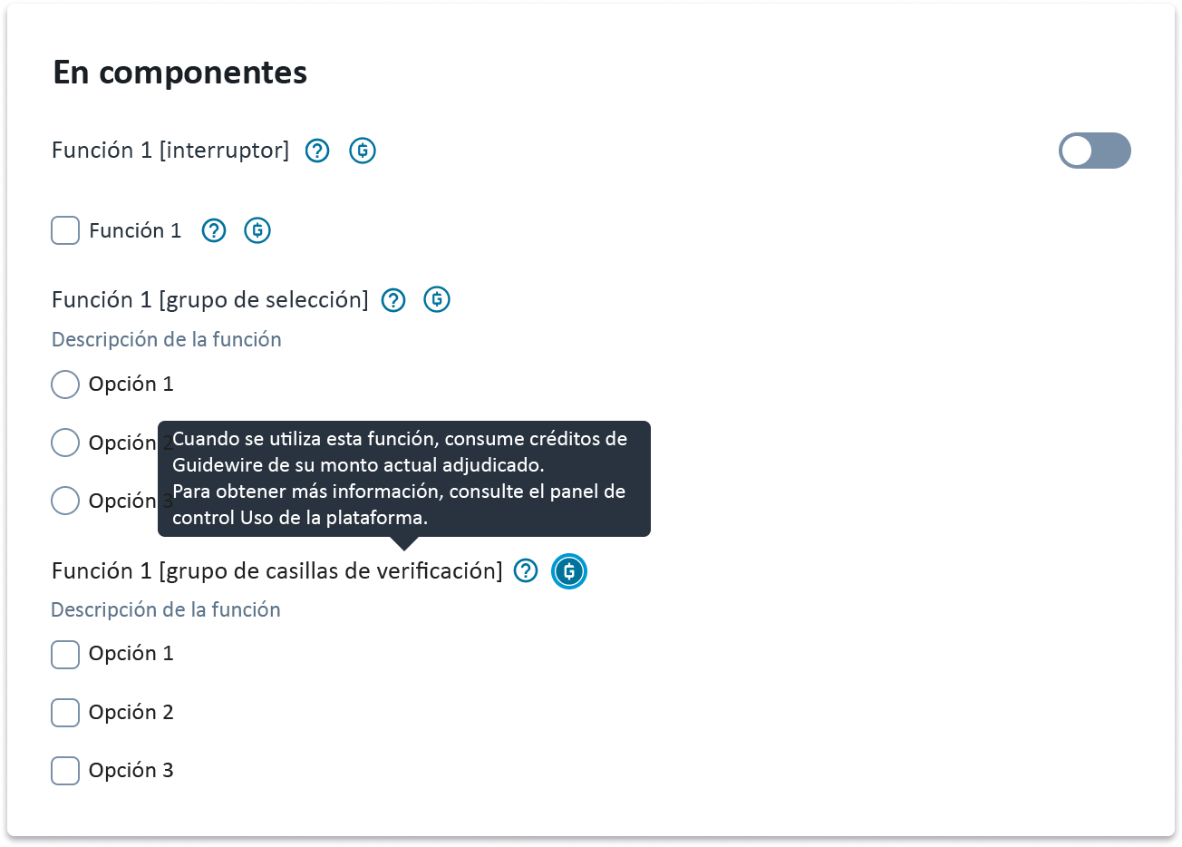 El indicador créditos de Guidewire se coloca 8 píxeles a la derecha del rótulo de una función.