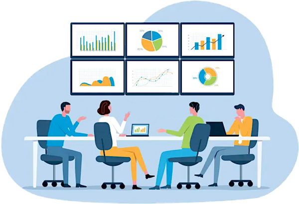 Team of four collaborating in front of a dashboard display featuring various chart types, including bar, line, and pie charts