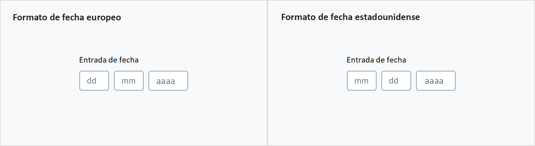 Imagen que muestra formatos de fecha para configuraciones regionales de Europa y EE. UU.