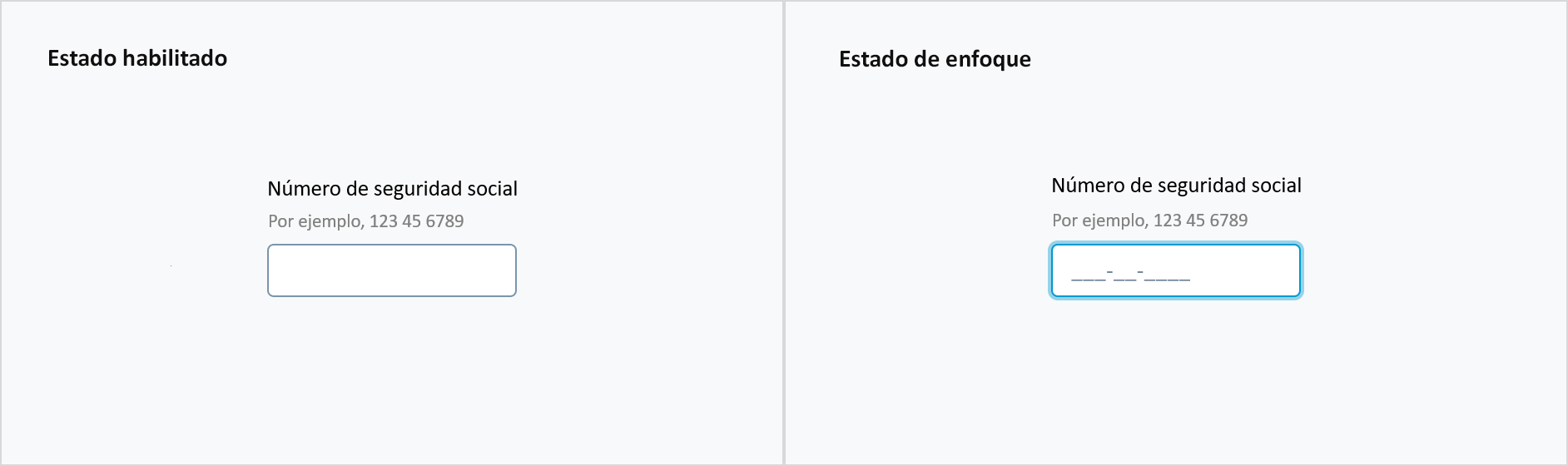 Imagen que ilustra el campo de entrada de texto en el estado habilitado y el estado en foco