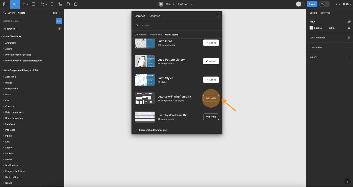 Image that shows how to access the lo-fi wireframe kit in Figma
