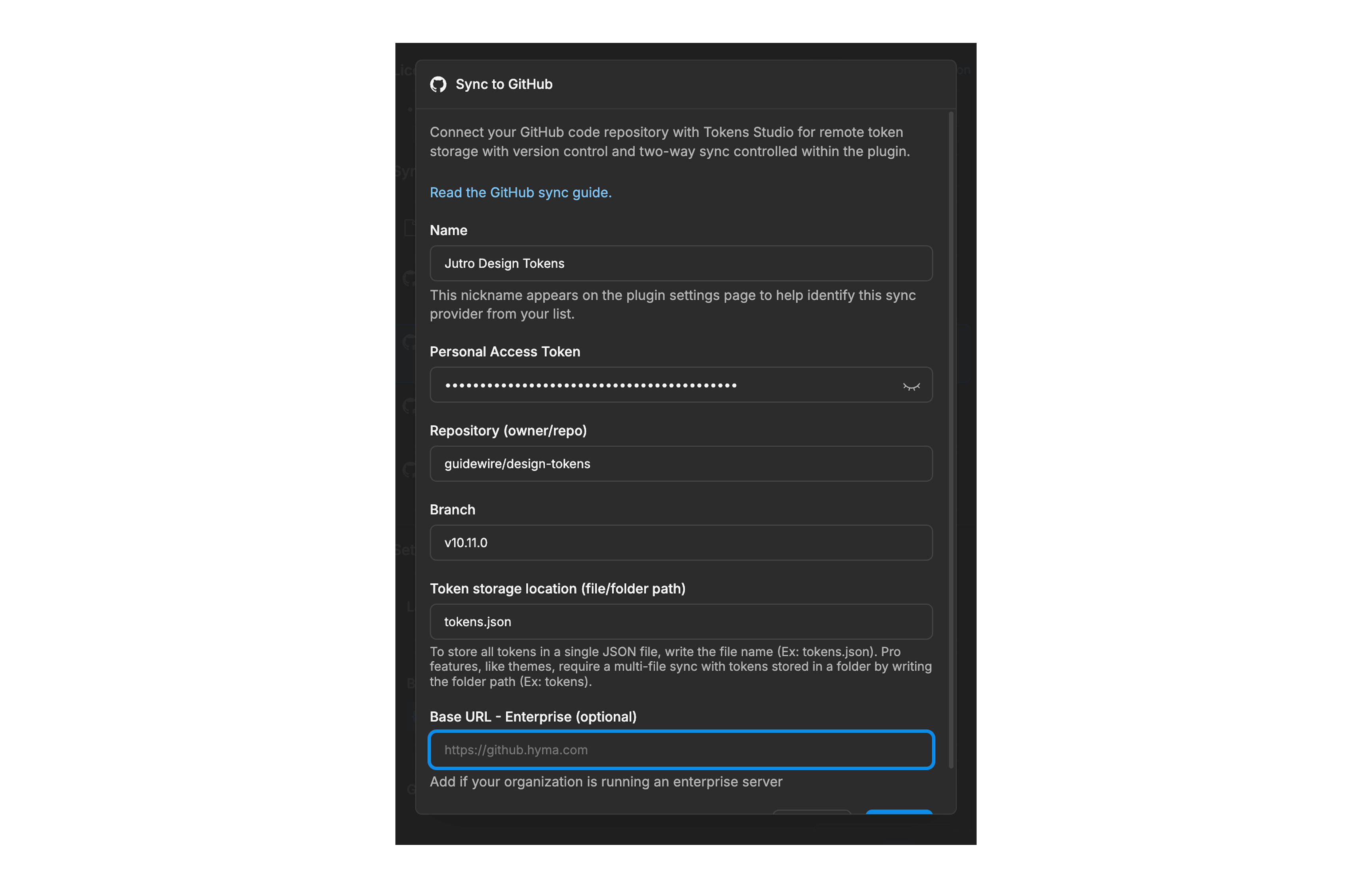 Captura de pantalla que muestra la configuración de un proveedor de sincronización de GitHub