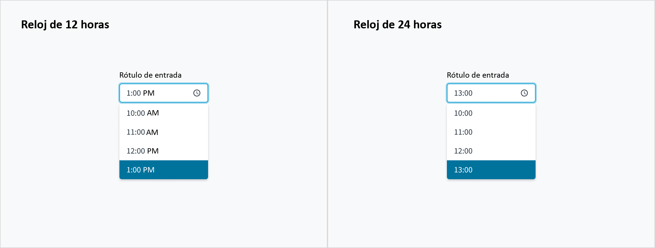 Imagen que ilustra el componente selector de hora con el reloj de 12 horas y el de 24 horas