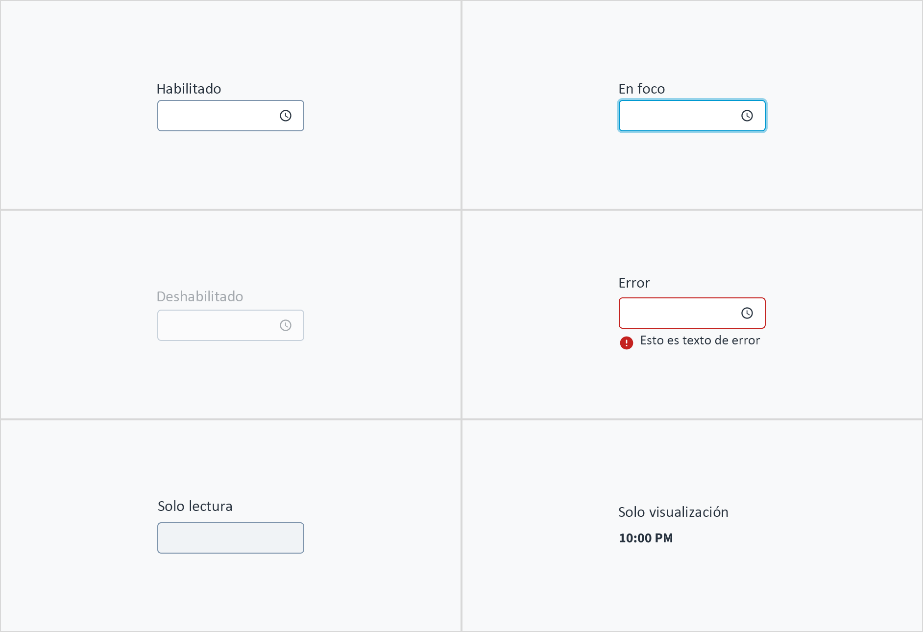 Imagen que ilustra estados interactivos de selector de hora: habilitado, en foco, deshabilitado, error, solo lectura y solo visualización.