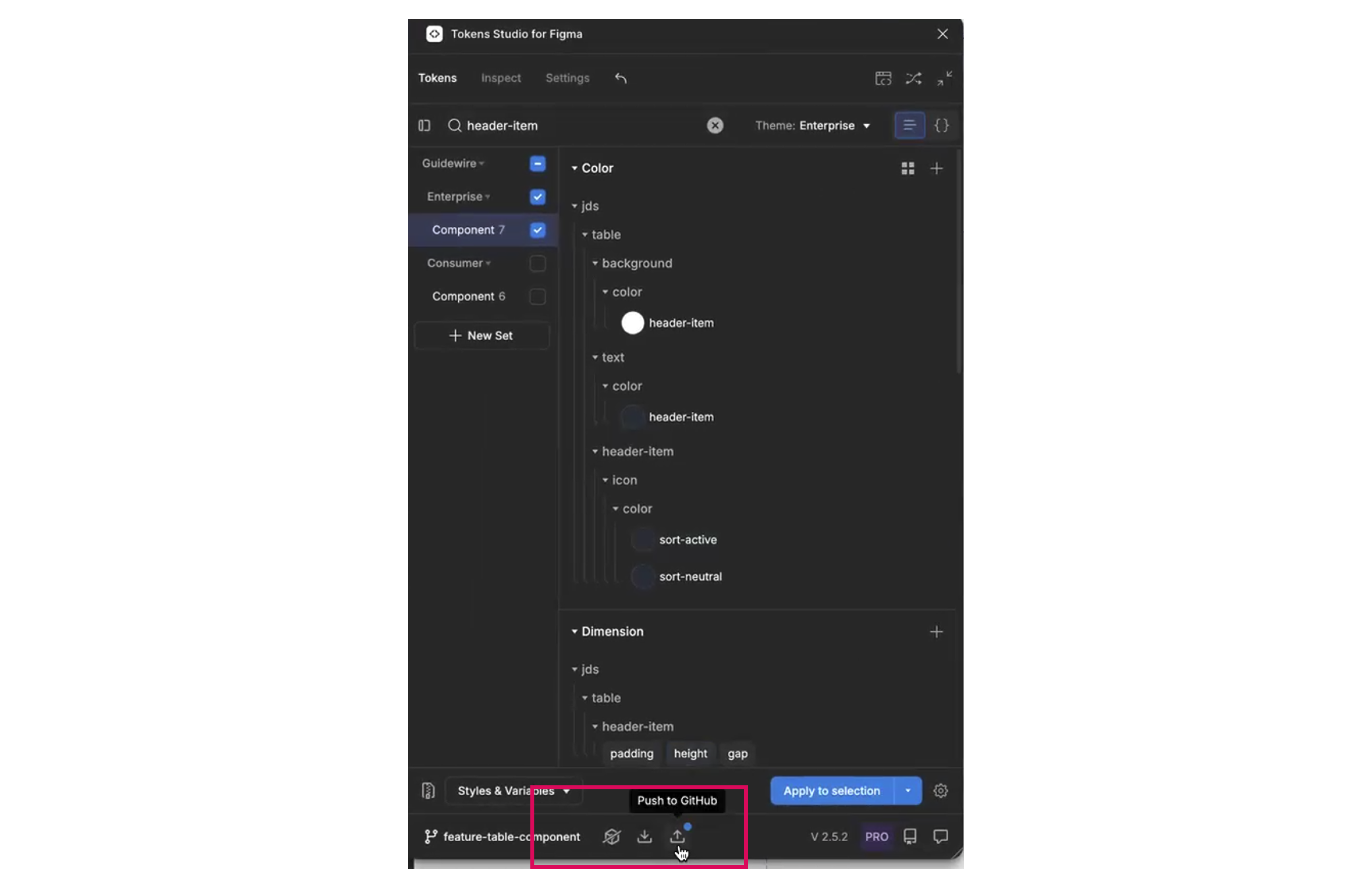 Captura de pantalla en la que se muestra dónde hacer clic en Tokens Studio para enviar a GitHub