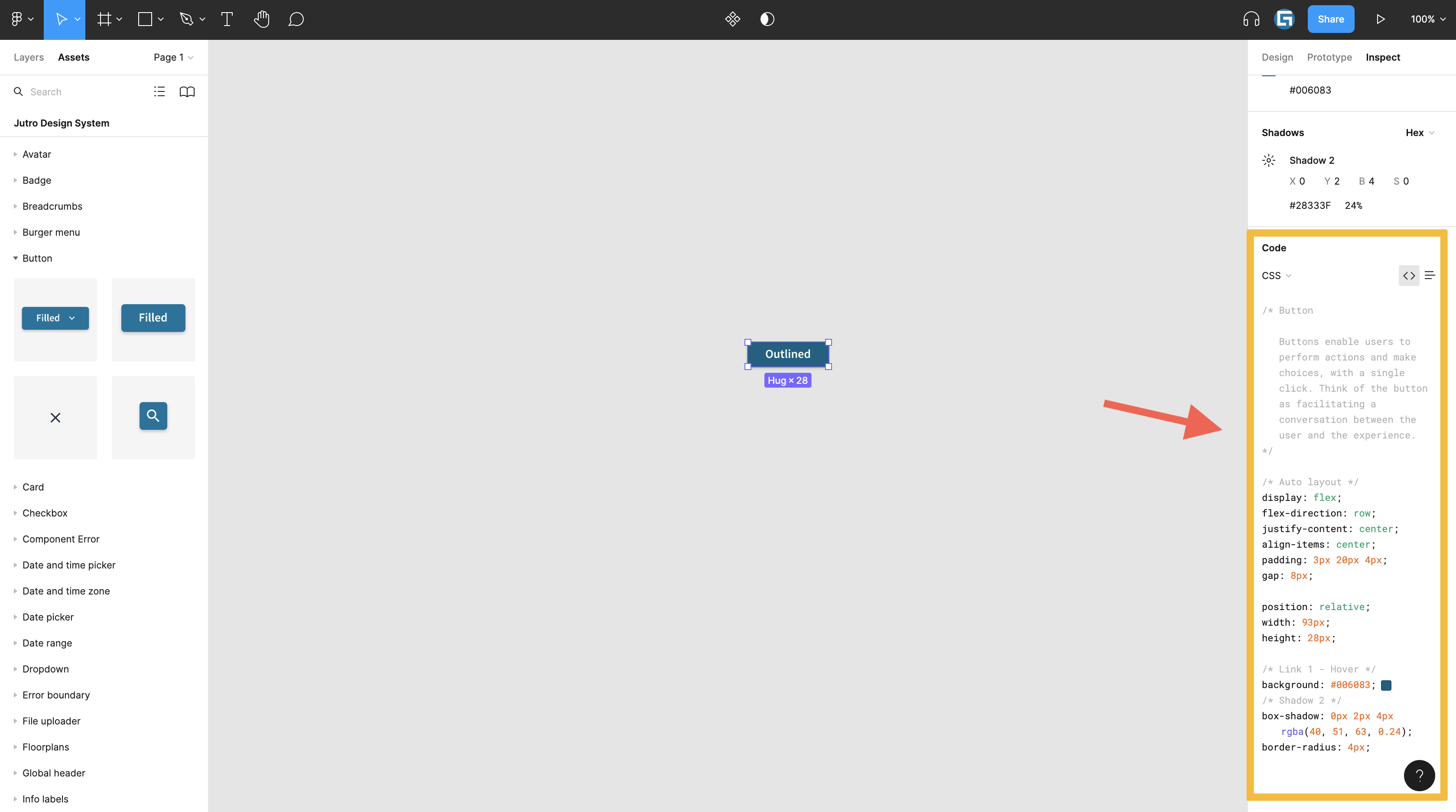 Lienzo de Figma con un fragmento de código CSS resaltado en la barra lateral derecha
