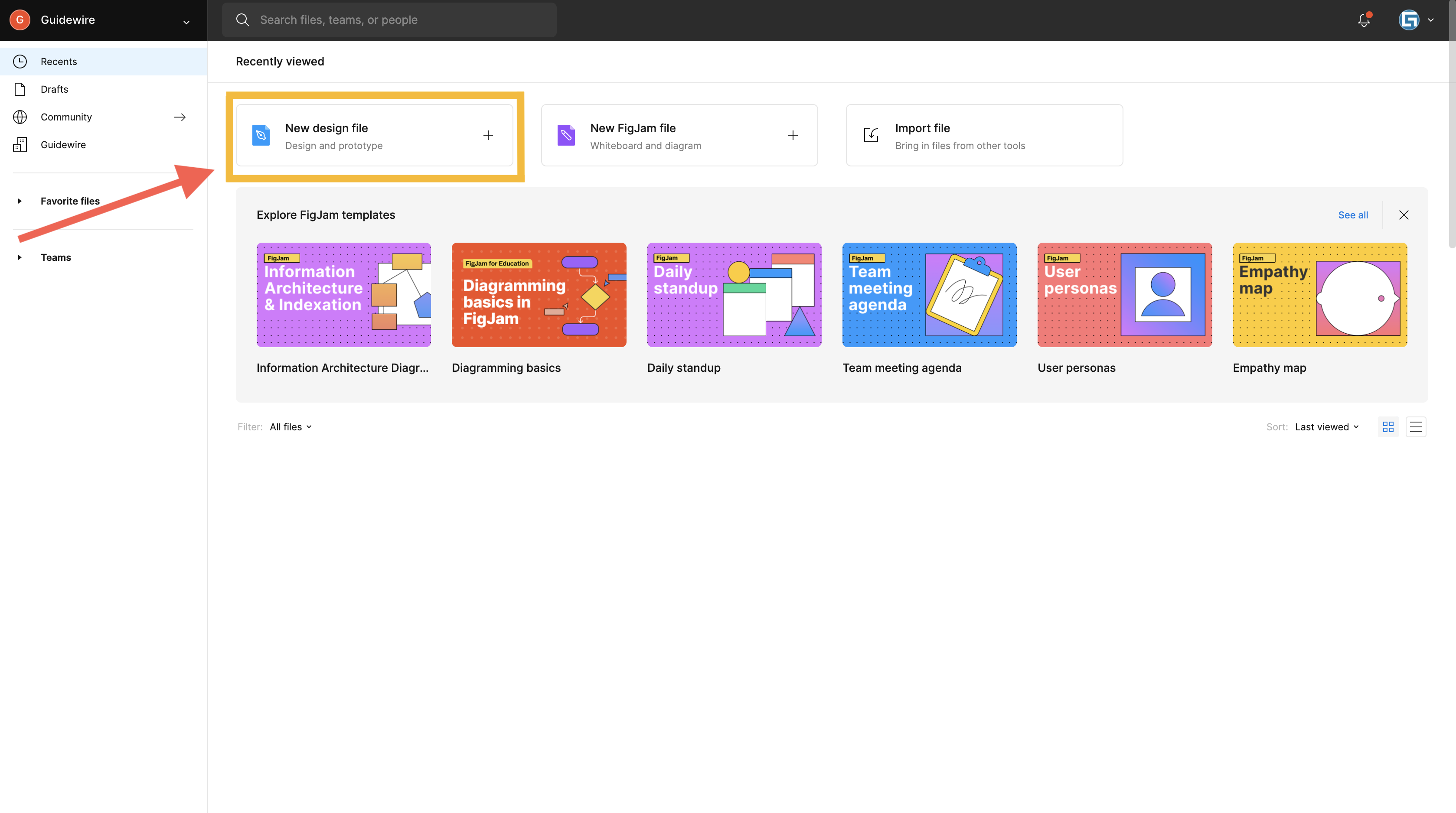 Panel de control de Figma con el botón “Nuevo archivo de diseño” resaltado