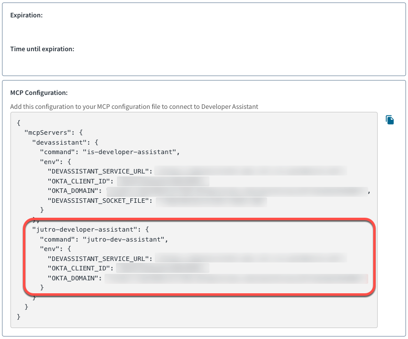 Captura de pantalla que muestra la ubicación de la URL de servicio de Developer Assistant