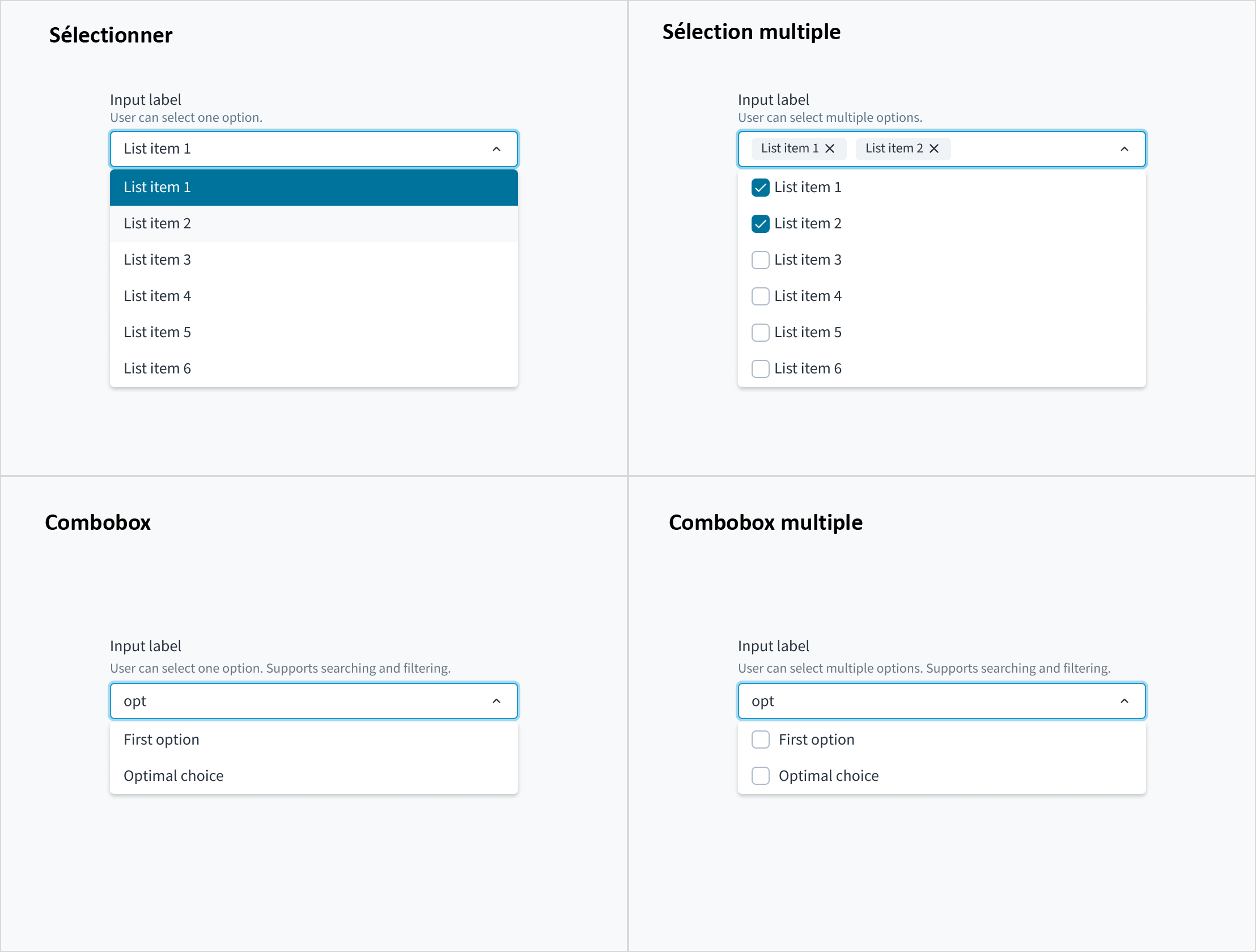 Image représentant les variantes de composants select, multiselect, combobox, multiple combobox