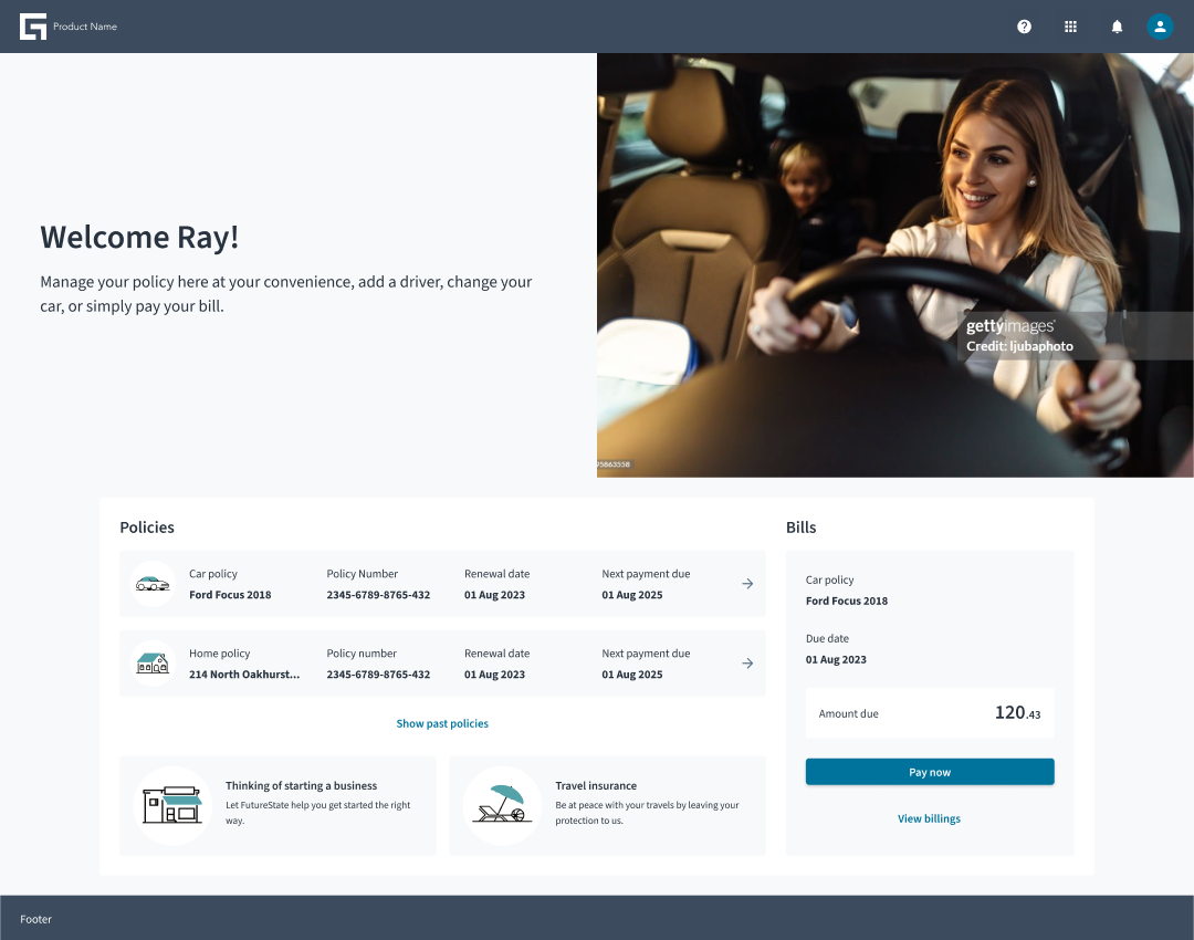 Example of a personalized welcome screen with a user dashboard overview