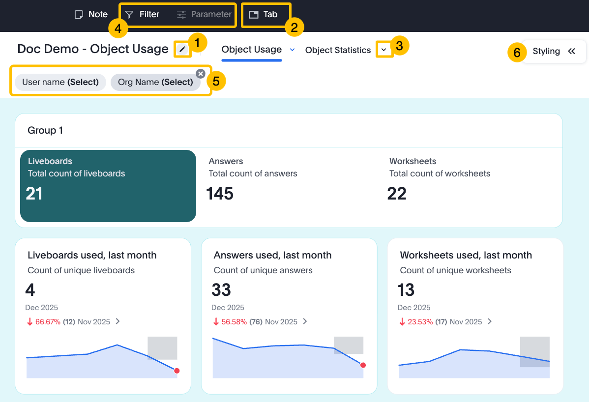 Liveboard の設定が強調表示された Liveboard の例