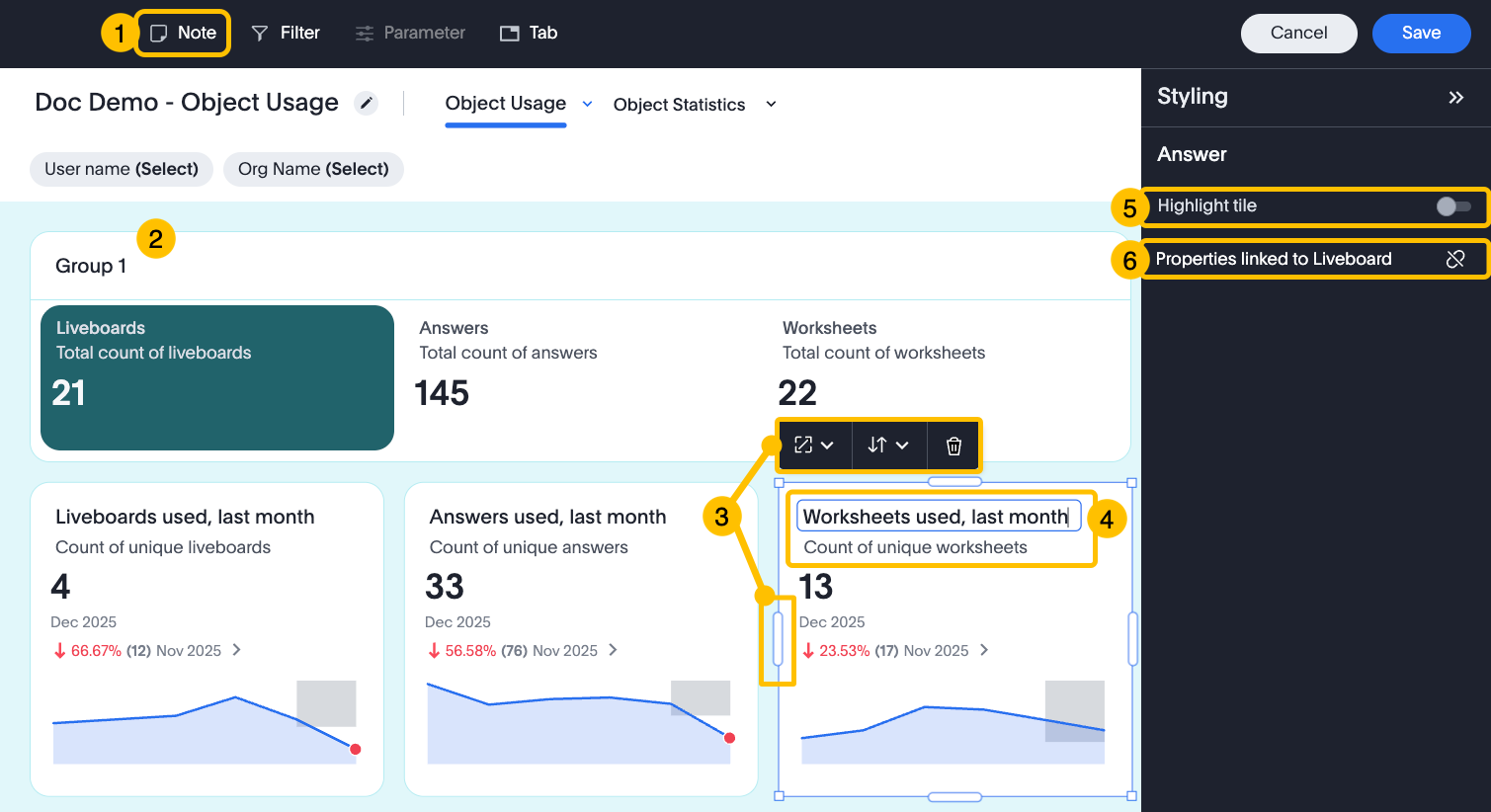 タイルの設定が強調表示された Liveboard の例