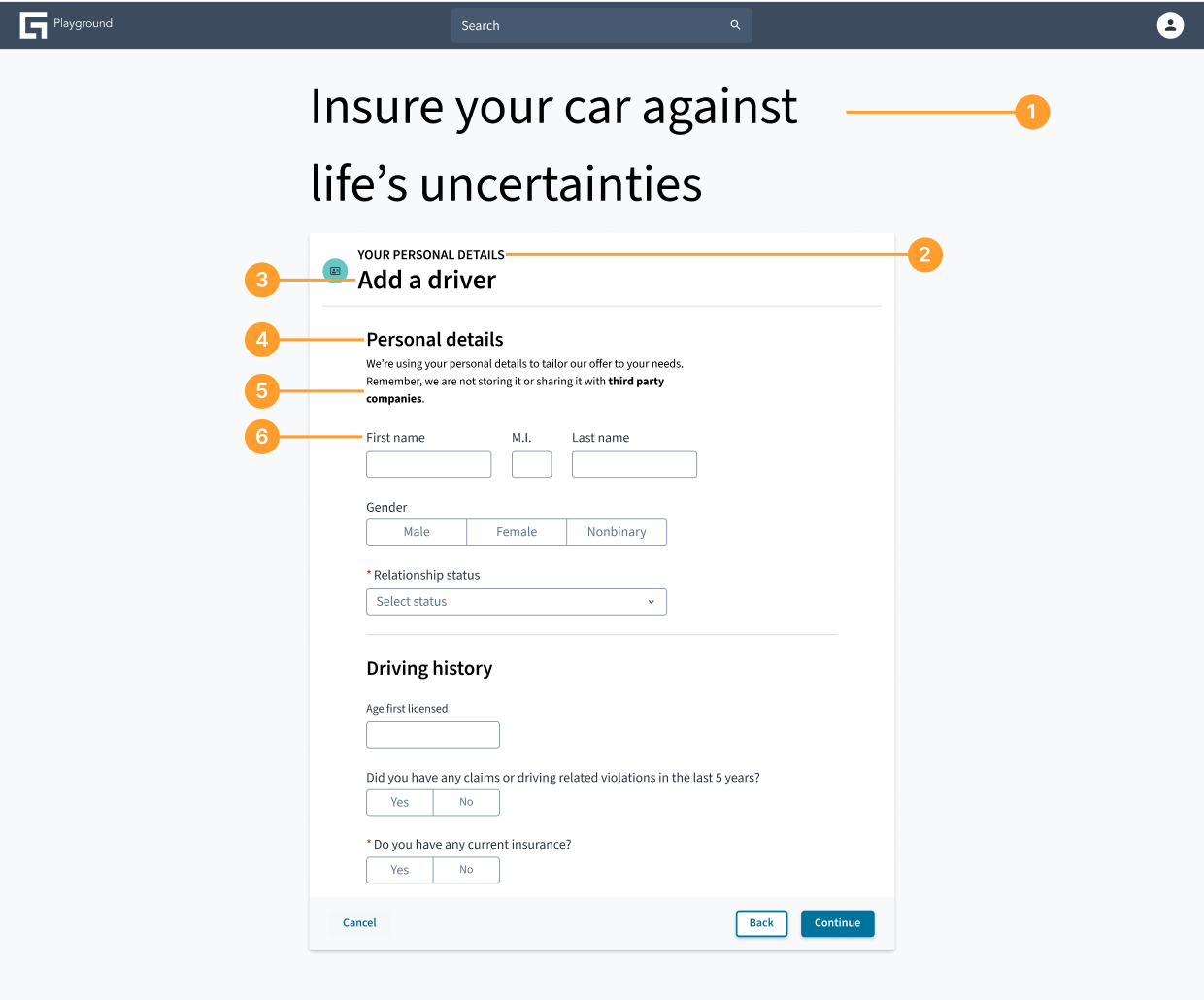 A web form with numbered callouts identifying examples of different typography styles