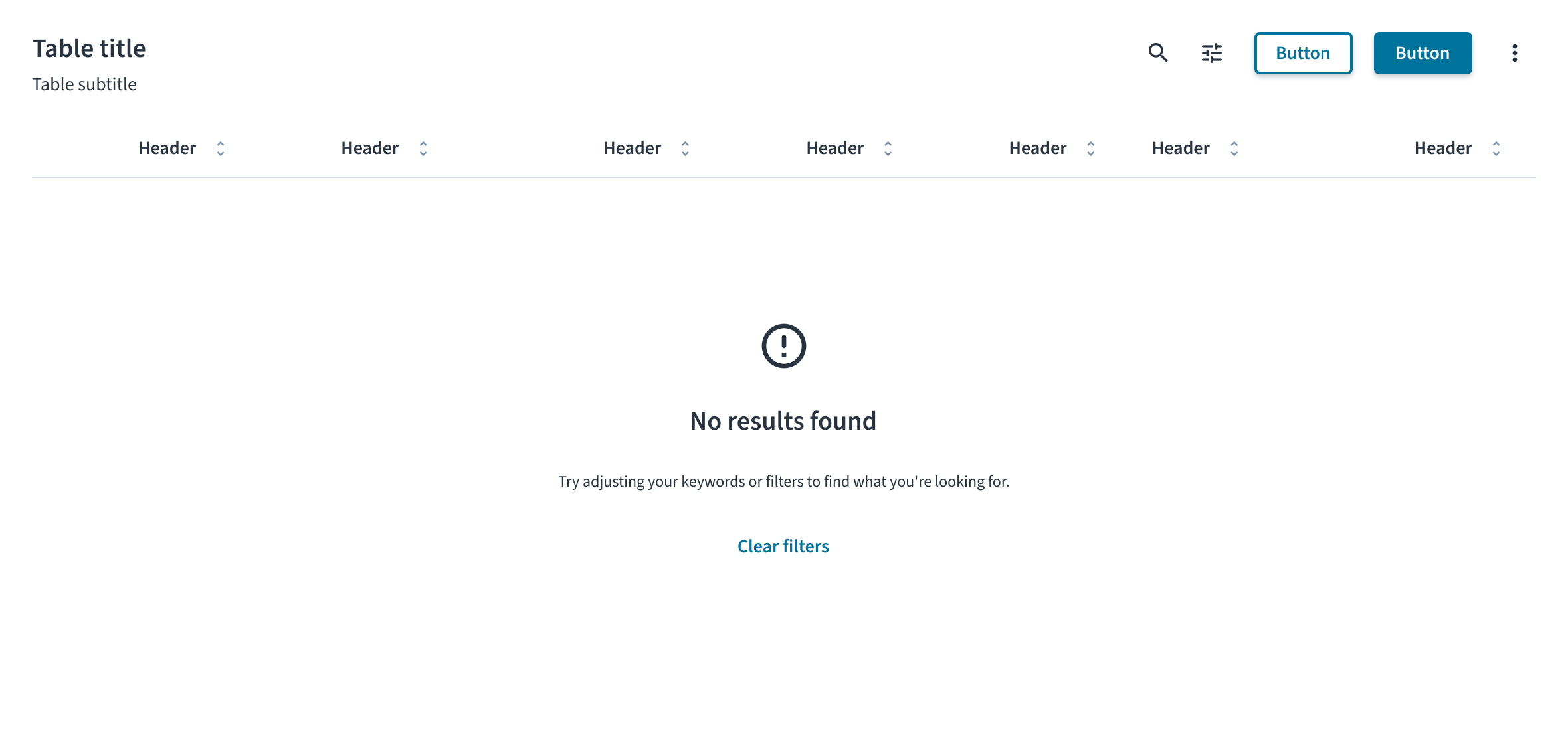 An empty state screen, showing the title &quot;No results found,&quot; and a &quot;Clear filters&quot; button. 