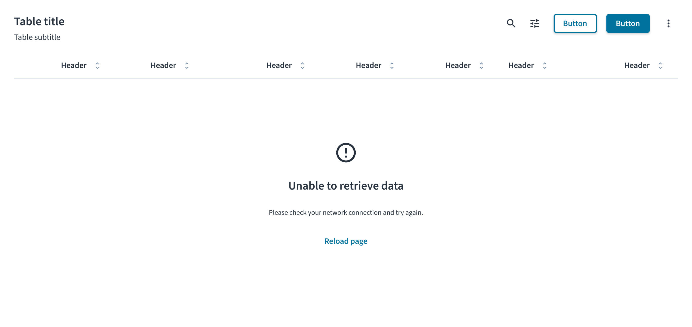 The error state screen, showing a warning icon, the title &quot;Unable to retrieve data,&quot; and a &quot;Reload page&quot; button.