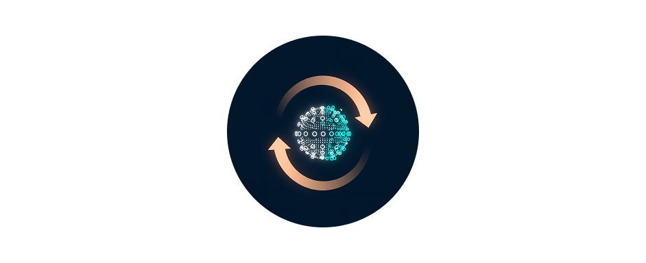 Icon of two arrows circling a sphere, representing feedback and iteration.