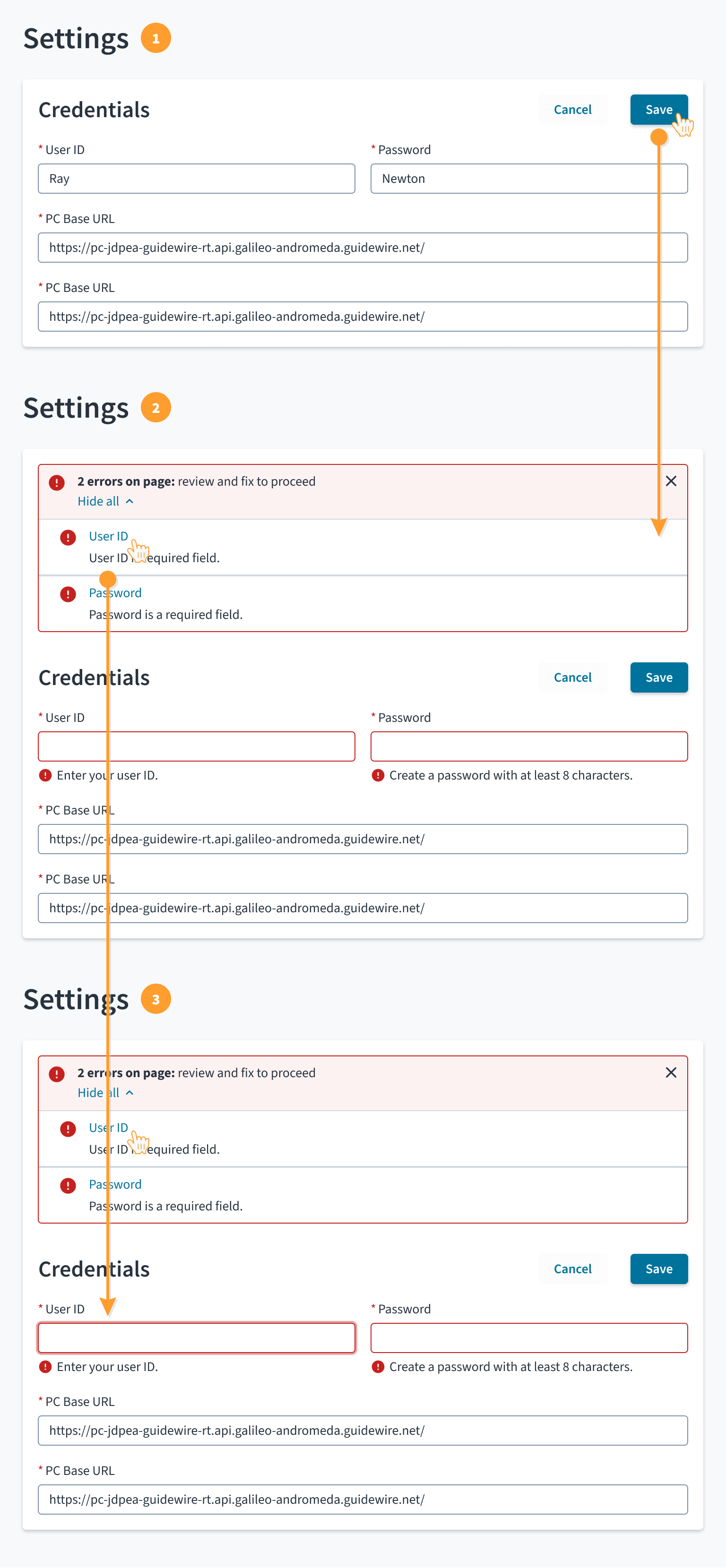 Bundled inline notification and field-level messages working together to guide users through form error resolution after a submission attempt