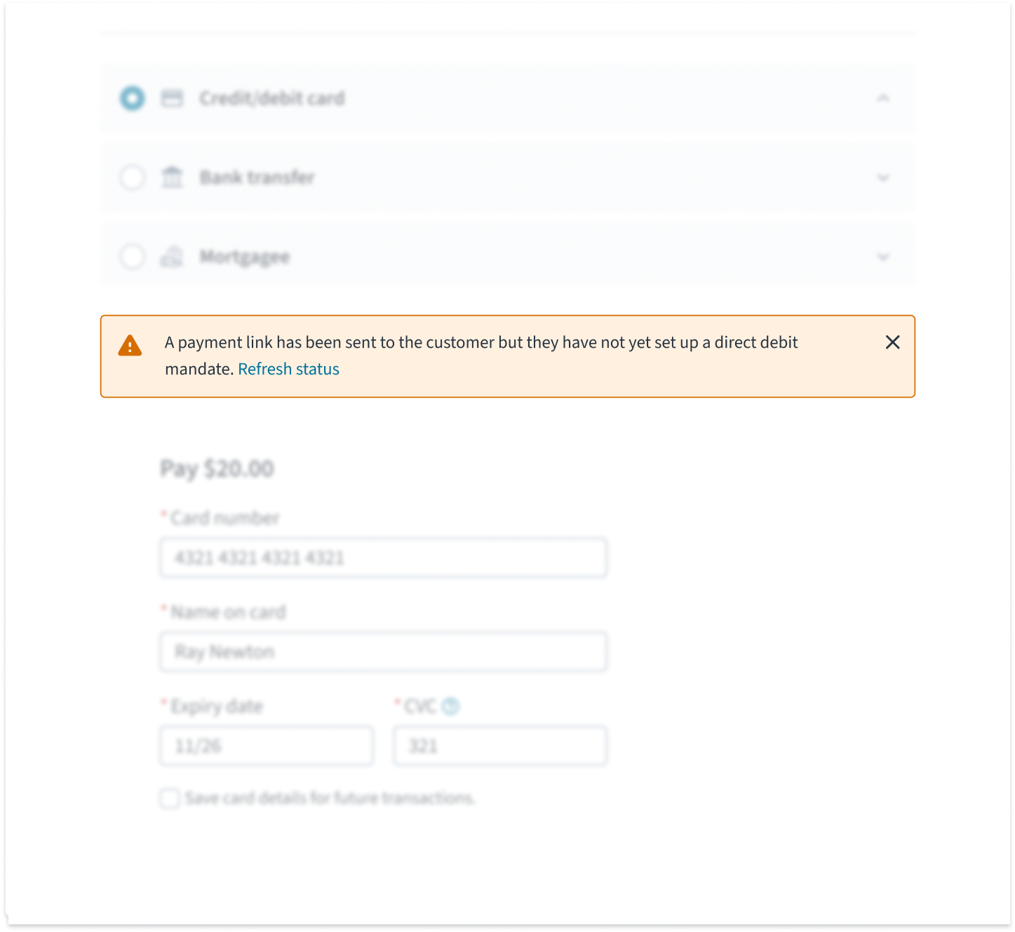Inline warning message spanning two lines above payment input fields
