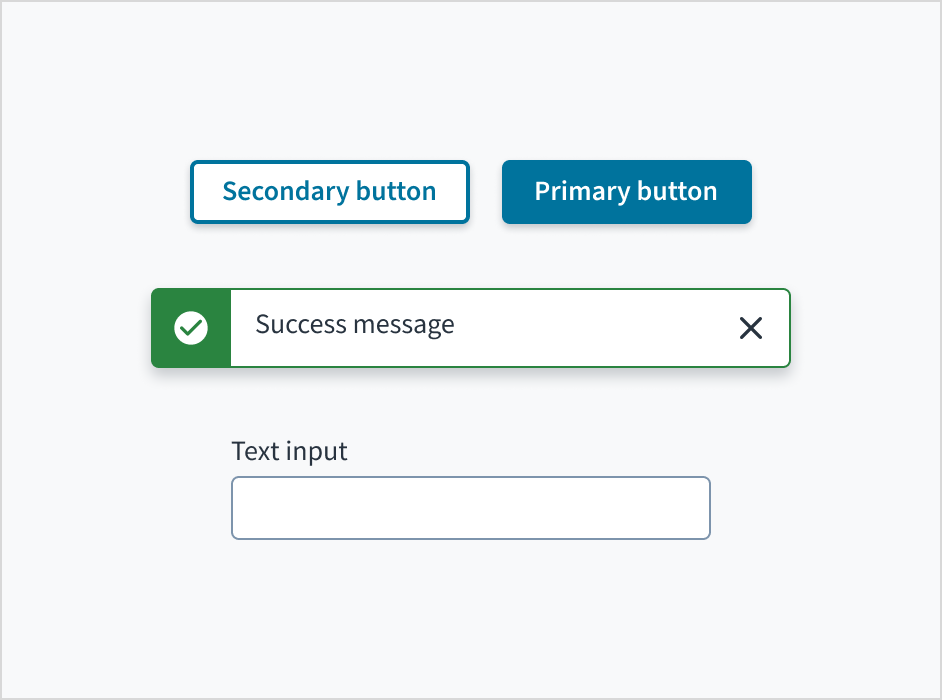 Component examples including primary and secondary buttons, toast notification, and text input field