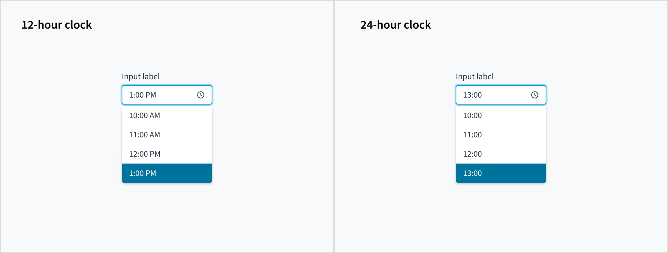 image that illustrates the time picker component with the 12-hour clock and the 24-hour clock