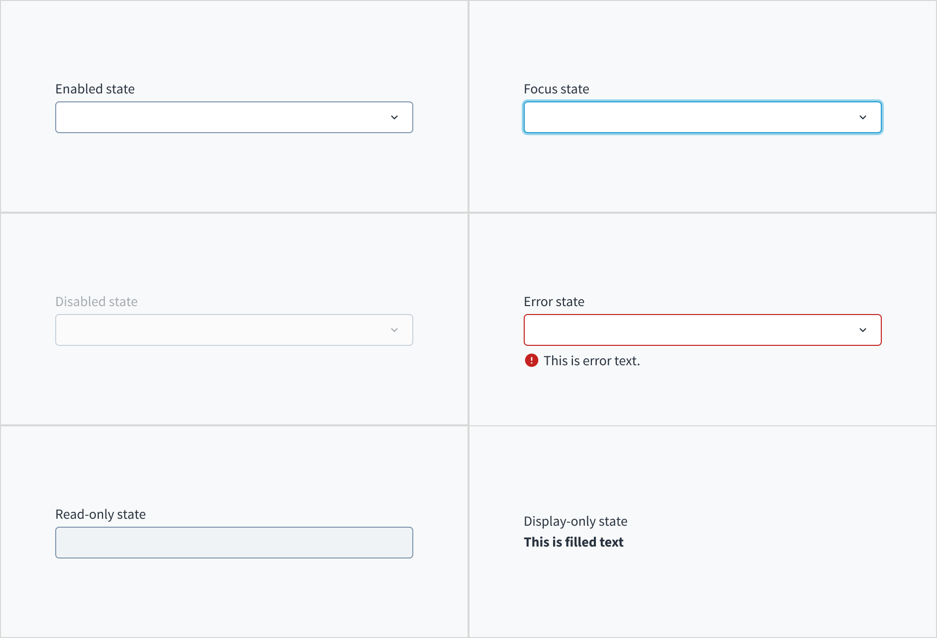 Image illustrating multiple select interactive states: enabled, focus, disabled, error, read-only, and display-only