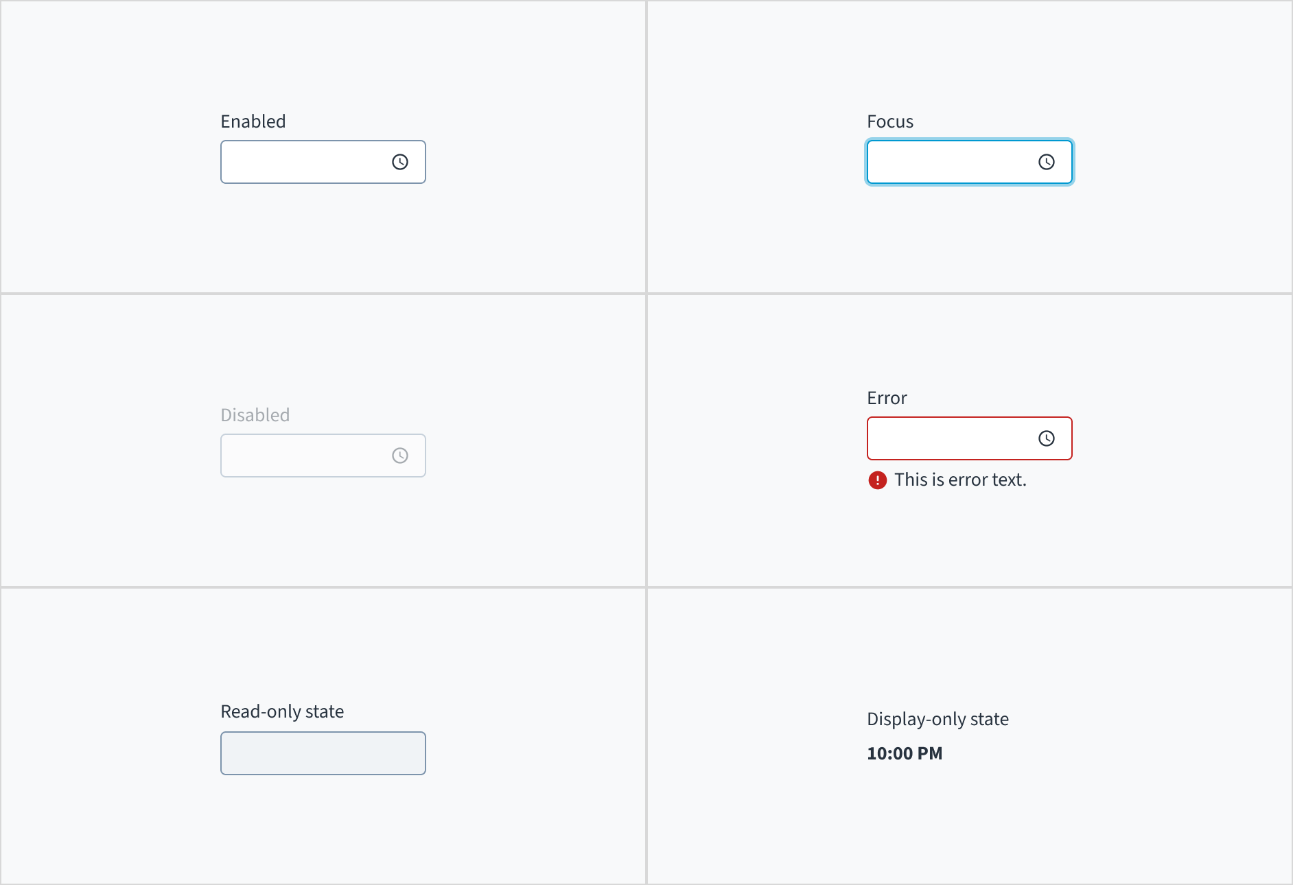 Image illustrating time picker interactive states: enabled, focus, disabled, error, read-only, and display-only